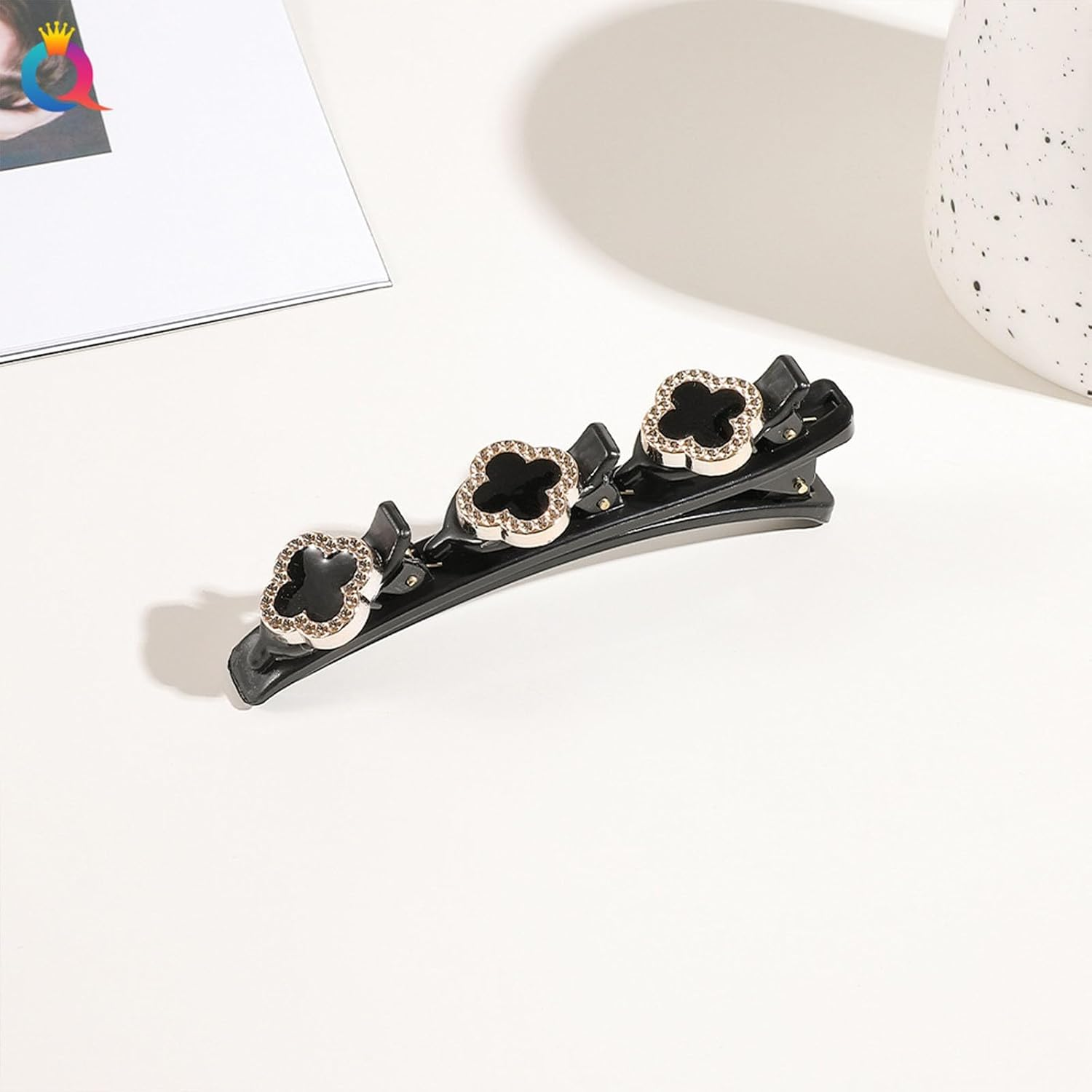 Braided Hair Clips with Sparkling Crystal Stone and 3 Small Clips Beaded Hair Pin Duck Bill Clip Braided Hair Clip with Rhinestones for Women as a Gift (Style: F) image number 4