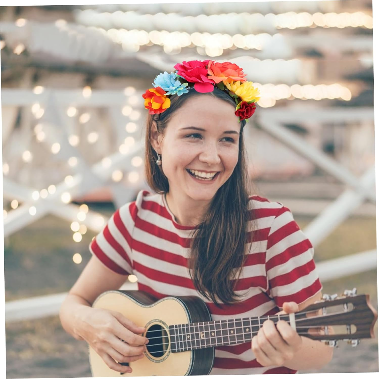 Attractive Hawaiian Rose Flower Headband, Wide Band Floral Hairband for Women, Party Decorative Hair Accessory Red and Orange Roses, Vacation Headdress for Warm Season Events image number 2