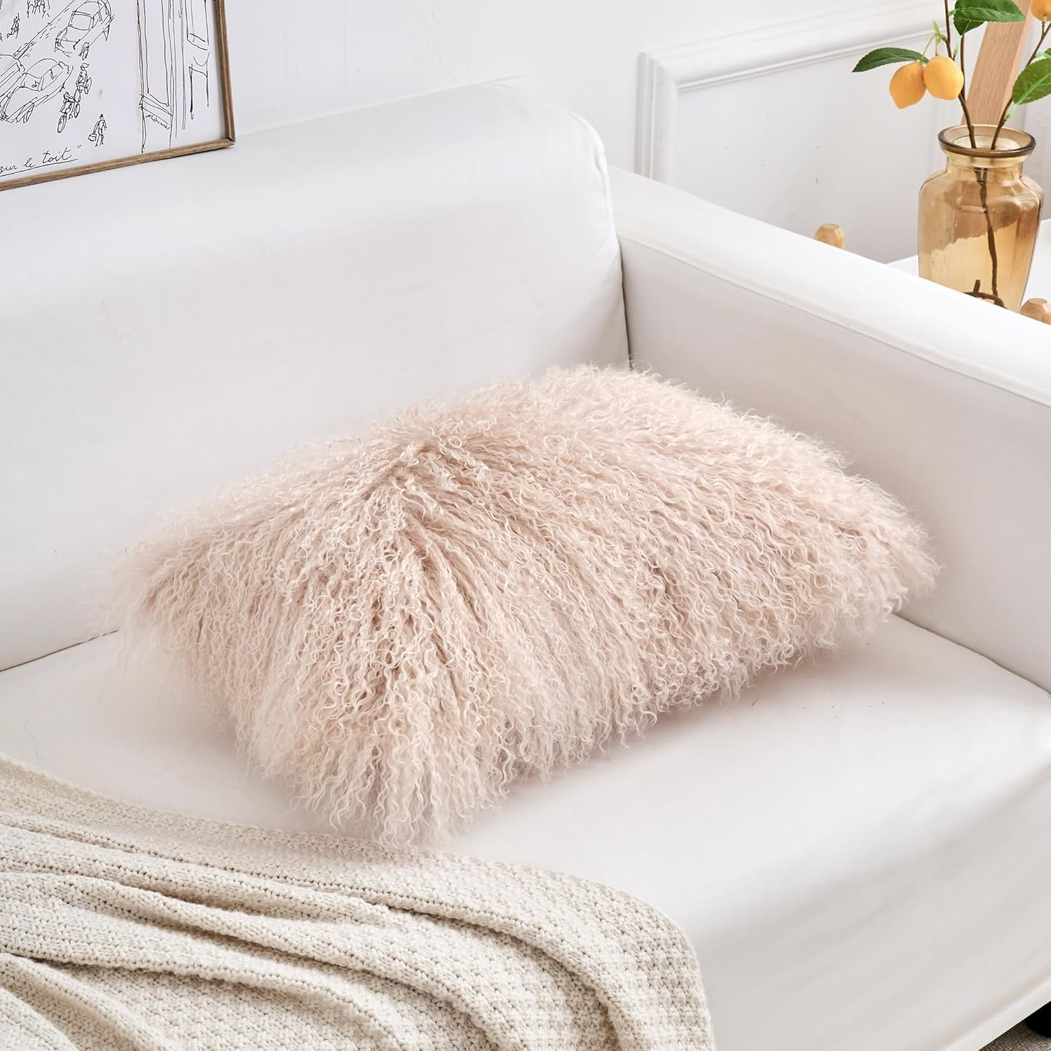 Genuine Mongolian Lamb Fur Pillow Cover &ndash; 30X50Cm Soft Curly Wool Cushion Case &ndash; Luxurious Decorative Accent for Sofa, Bed, or Chair (Dusty Pink)