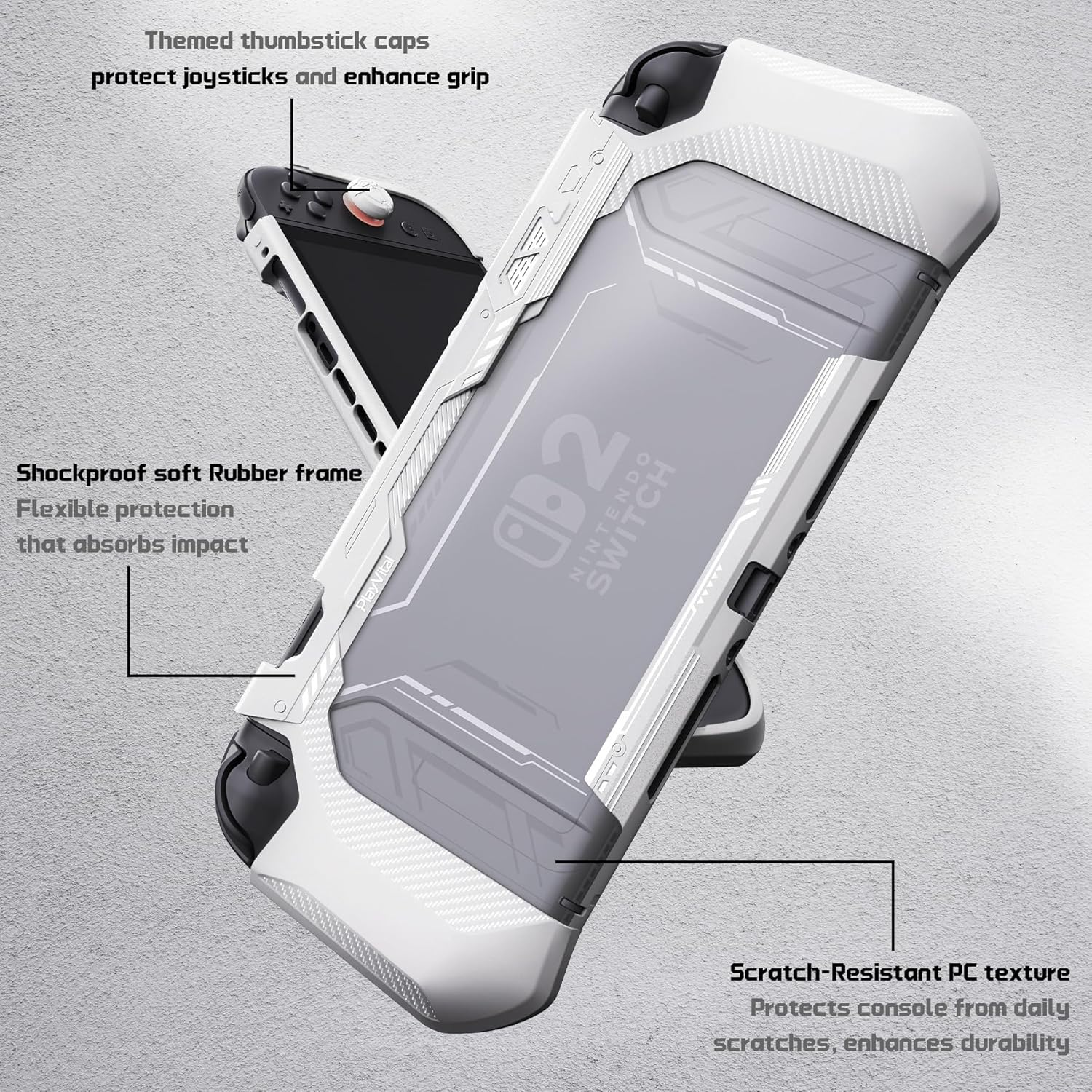 Playvital Meteor Protective Case for Nintendo Switch 2, Dockable Ergonomic Non-Slip TPU Grip Cover with Thumb Grip for Switch 2, Shockproof Anti-Scratches Protector - White image number 4