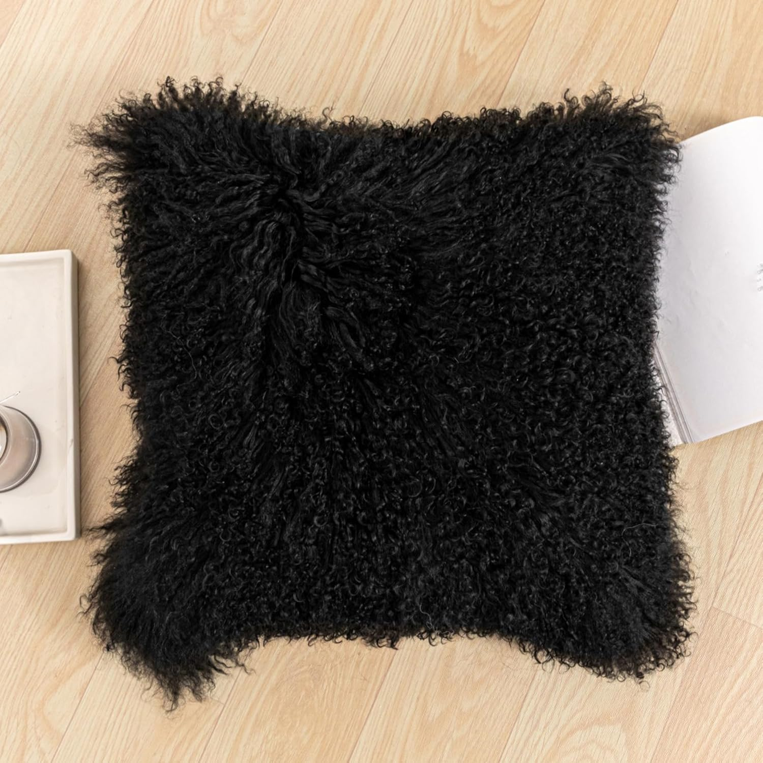 Luxury Mongolian Lamb Fur Pillow Covers Sheepskin Curly Wool Pillowcase Furry Leather Decorative Throw Cushion Cover for Couch and Bed Chair, No Pillow Insert, 18 X 18 Inch, Khaki