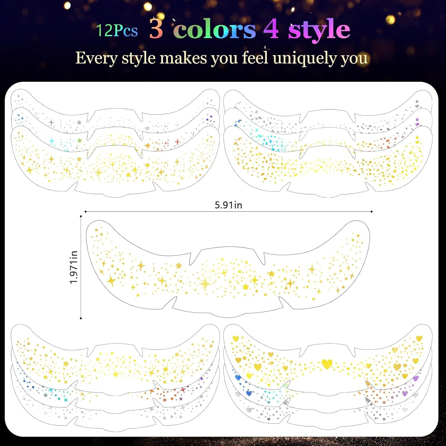 12Pcs Face Glitter Freckles, Face Glitter Fake Freckles Sticker, Gold Sliver Holographic Multichrome Waterproof Sparkle Freckles Makeup Patches for Women Rave Festival Accessories Party Prom image number 2