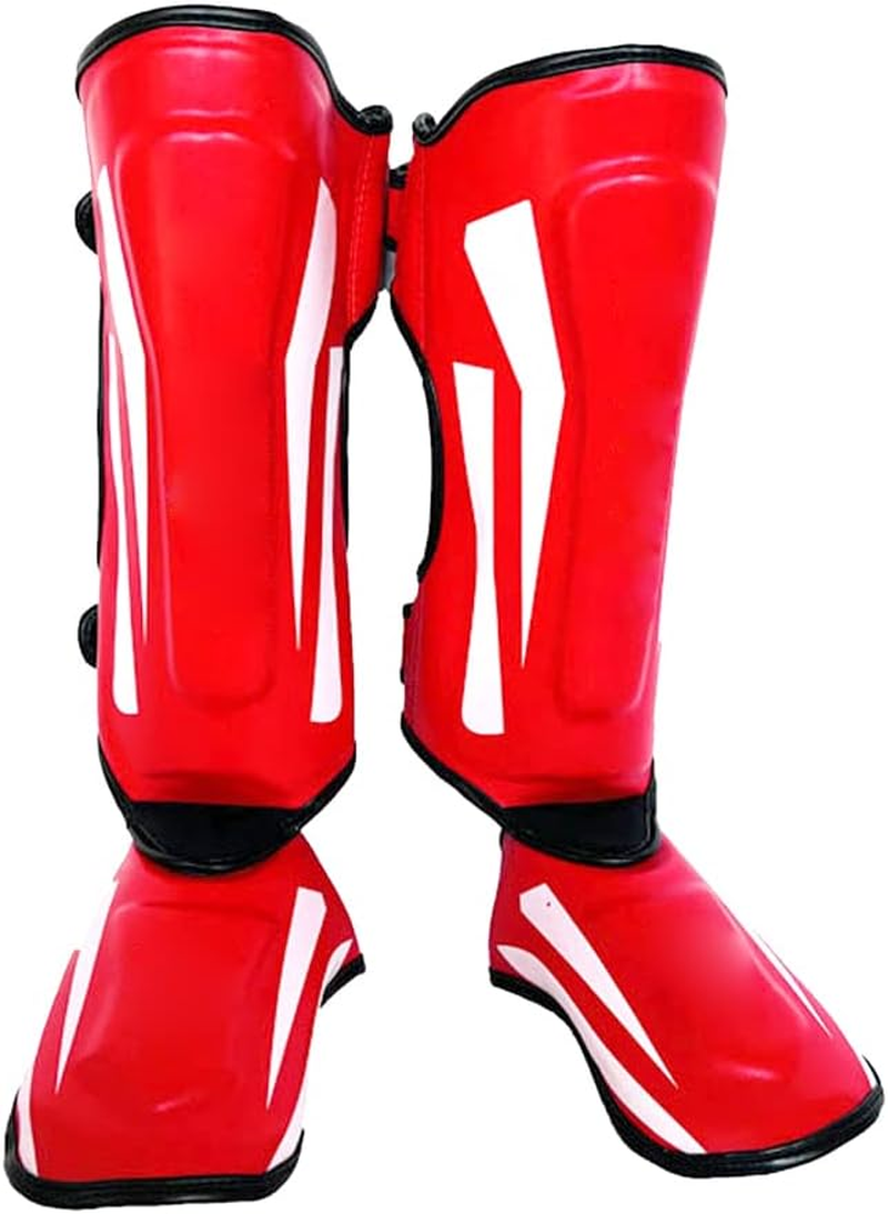 Martial Arts Shin Guards PU Leather Leg Foot Protector Thicken Protective Pads for Kickboxing MMA Training Sparring Equipment Red M