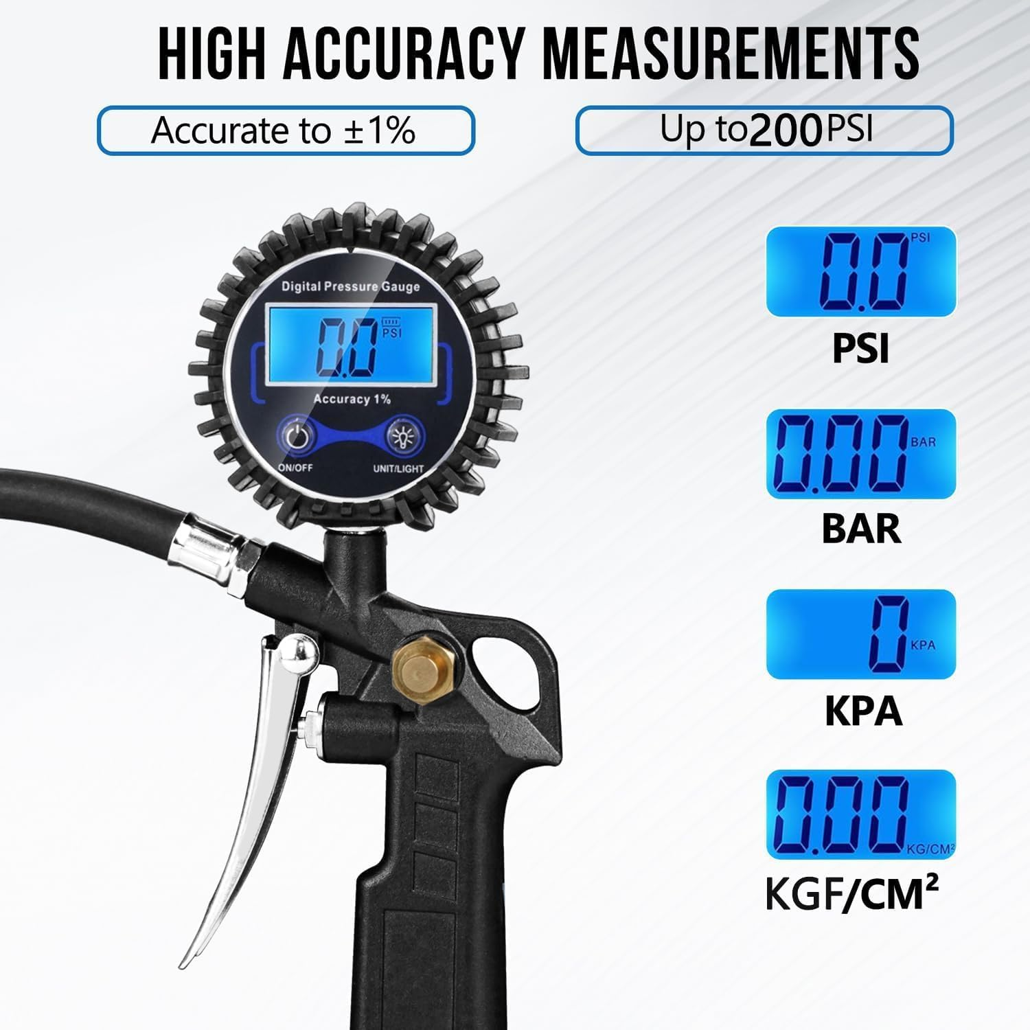 KEWAYO Digital Tire Inflator with Pressure Gauge, 200 PSI Air Chuck and Compressor Accessories Heavy Duty with Quick Connect Coupler, 0.1 Display Resolution for Car, SUV, Truck image number 1
