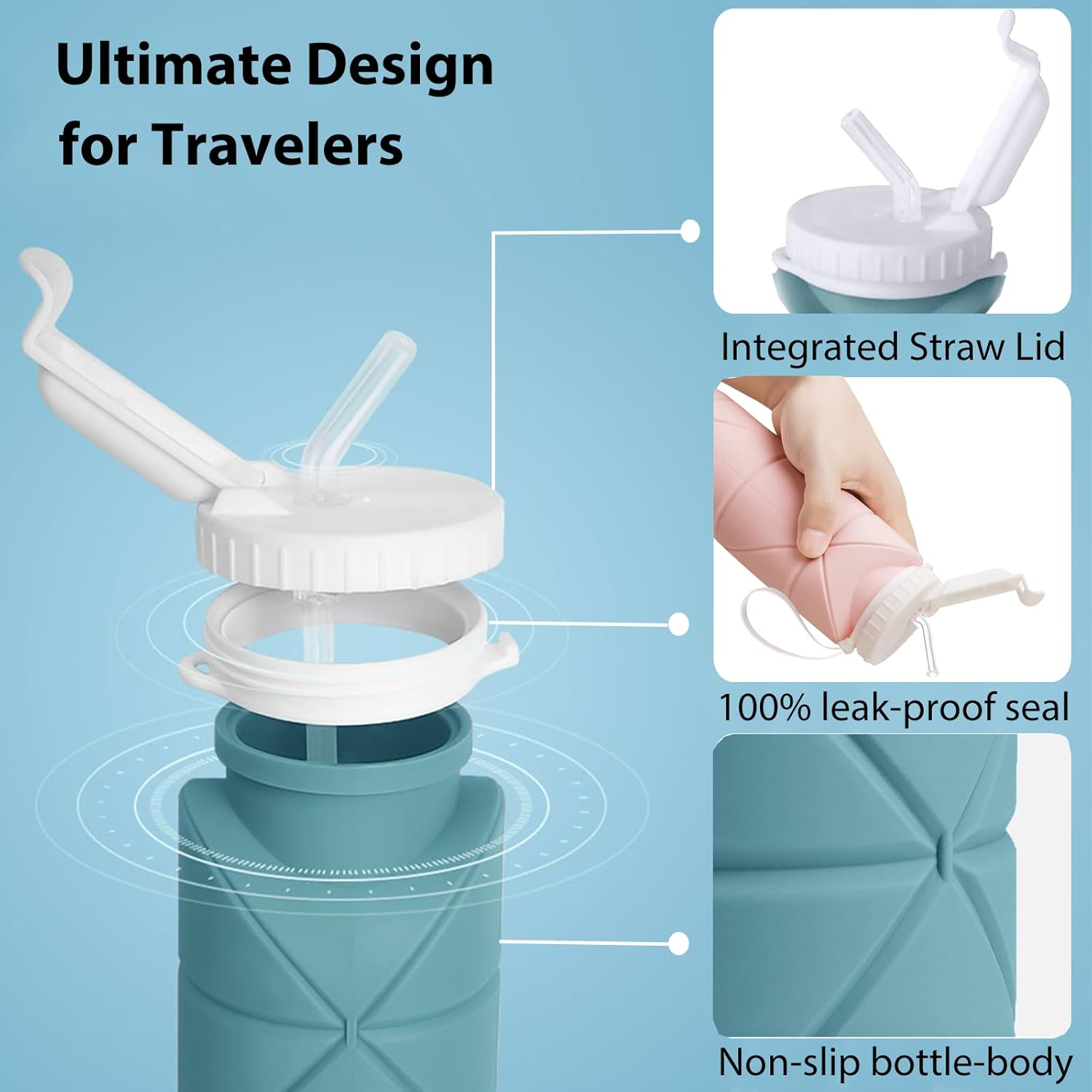 (2 Pack)Rungos Collapsible Water Bottle with Straw for Travel Essentials [Double Leak-Proof Design] [Soft Silicone Straw] BPA Free Silicone Foldable Water Bottle for Outdoor Hiking Sports (Green+Pink) image number 3