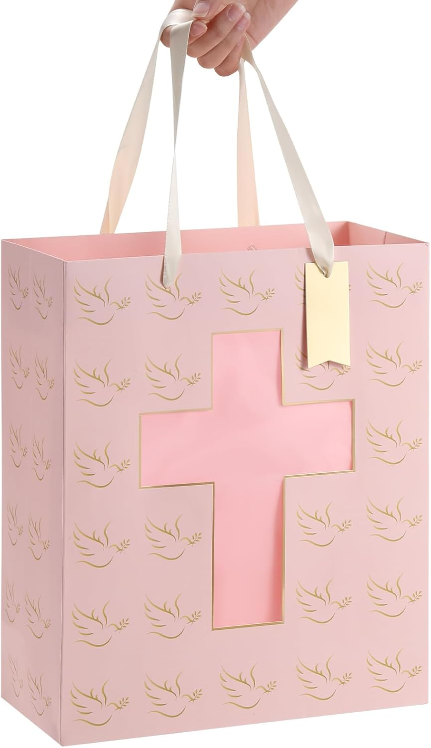 Sawnfay Pink Gift Bag - 25.3 X 12.7 X 33Cm, Baptism Gifts for Baby Girl, Christening, First Communion, Religious Events, with Cross Cut Window Design and Tissue Paper image number 4