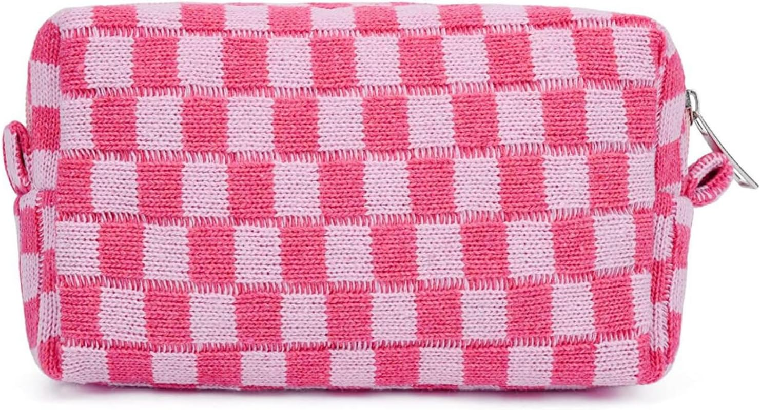 Checkered Makeup Bag Cosmetic Bag for Women, Y2K Accessories Aesthetic Purse Cosmetic Bag, JOMWEN Large Capacity Brushes Storage Bag Travel Toiletry Bag Organizer (Pink) image number 2