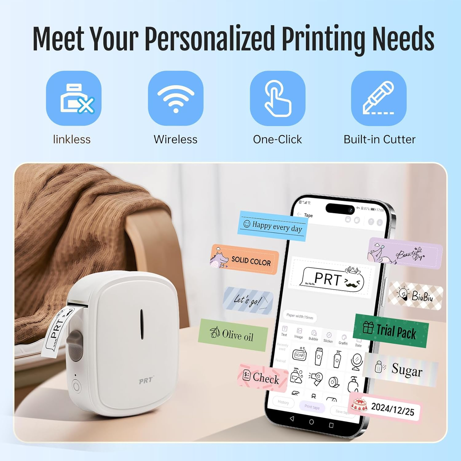 PRT QUTIE Label Maker - Customizable Portable Bluetooth Label Makers Machine with Tape, Handheld Mobile Label Printer for Home Kitchen Organization, Compatible with Ios/Android, White(3 Tapes) - Green 3 Tapes image number 3