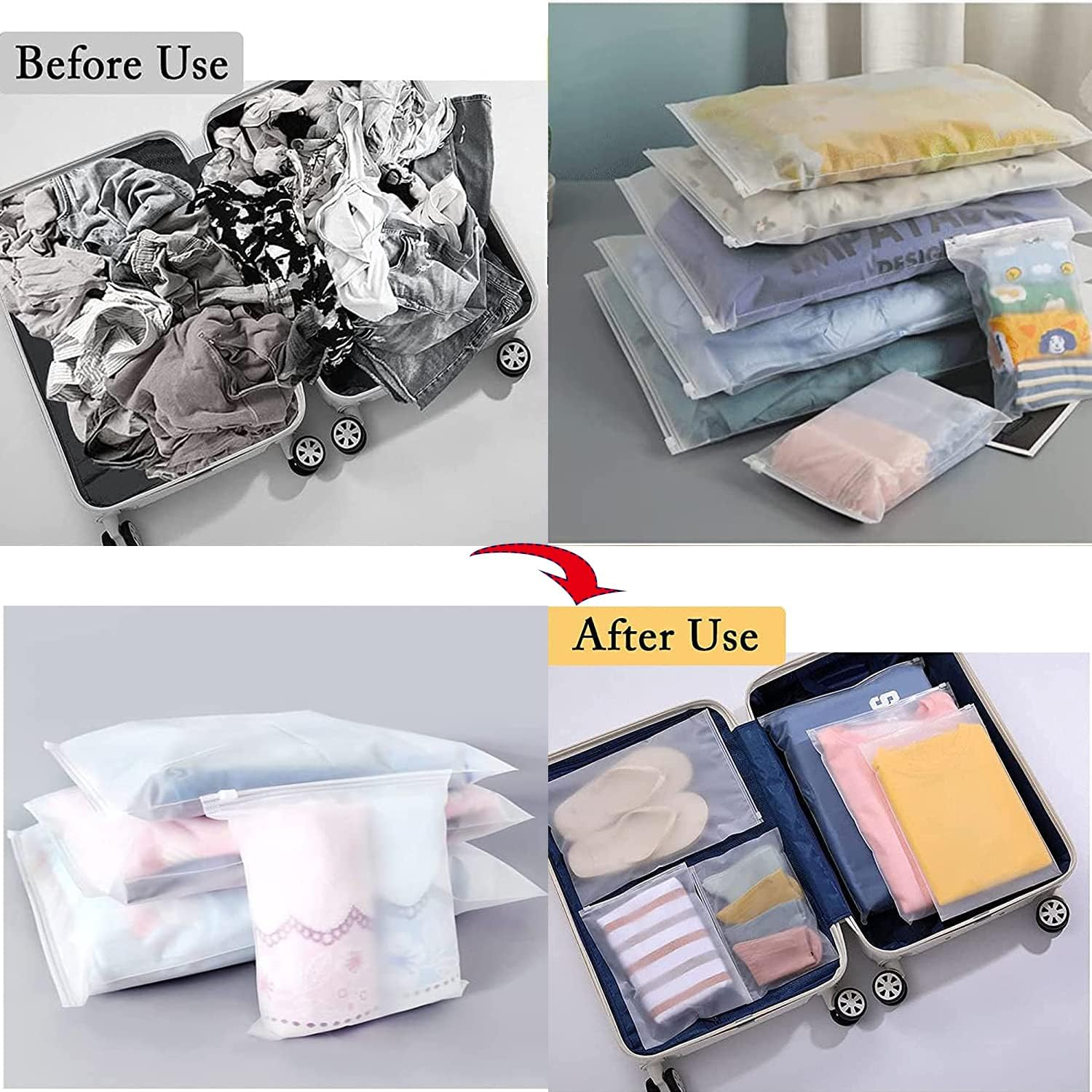 GQC 16 Pcs Frosted Resealable Bag Plastic Zip-Lock Seal Clothes Bags Travel Space Saver Storage Waterproof Luggage Organiser Pouch for Clothes Garment School Trip (5 Size Mixing) image number 1