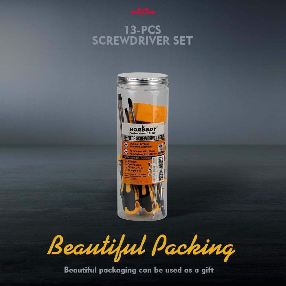 HORUSDY 13-Pieces Screwdriver and Pick Hook Set, Magnetic 4 Phillips and 4 Flat Head Tips and Precision Automotive Hook Set for Fastening and Loosening image number 6