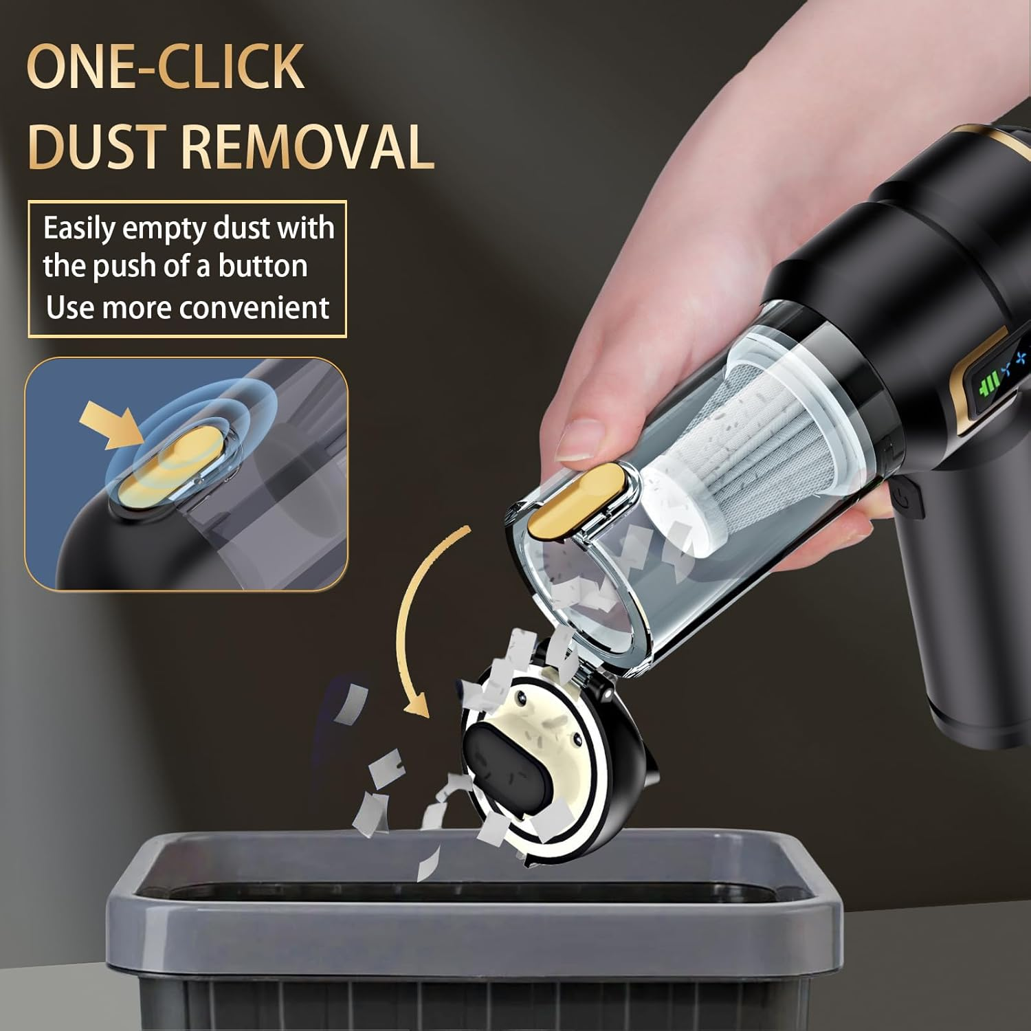 Lyiazsoy Car Vacuum Cleaner Cordless,22000Pa High Power Mini Vacuum Cleaner,Rechargeable Handheld Vacuum Cleaner,Car Hoovers for Pet Hair, Home, Office, Kitchen(Gold Black) image number 2