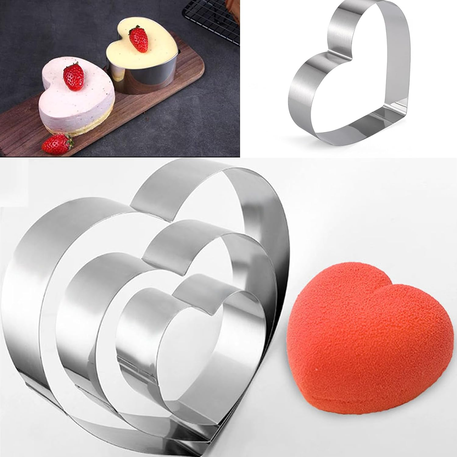 3 Pcs Cake Rings Set, Mousse Cake Rings, Baking Moulds for Pancakes, English Muffins, Biscuits, Reusable Stainless Steel Pastry Molds for Steaming, Baking, Non-Stick Cutter Mold Kit (Heart Shaped) image number 4