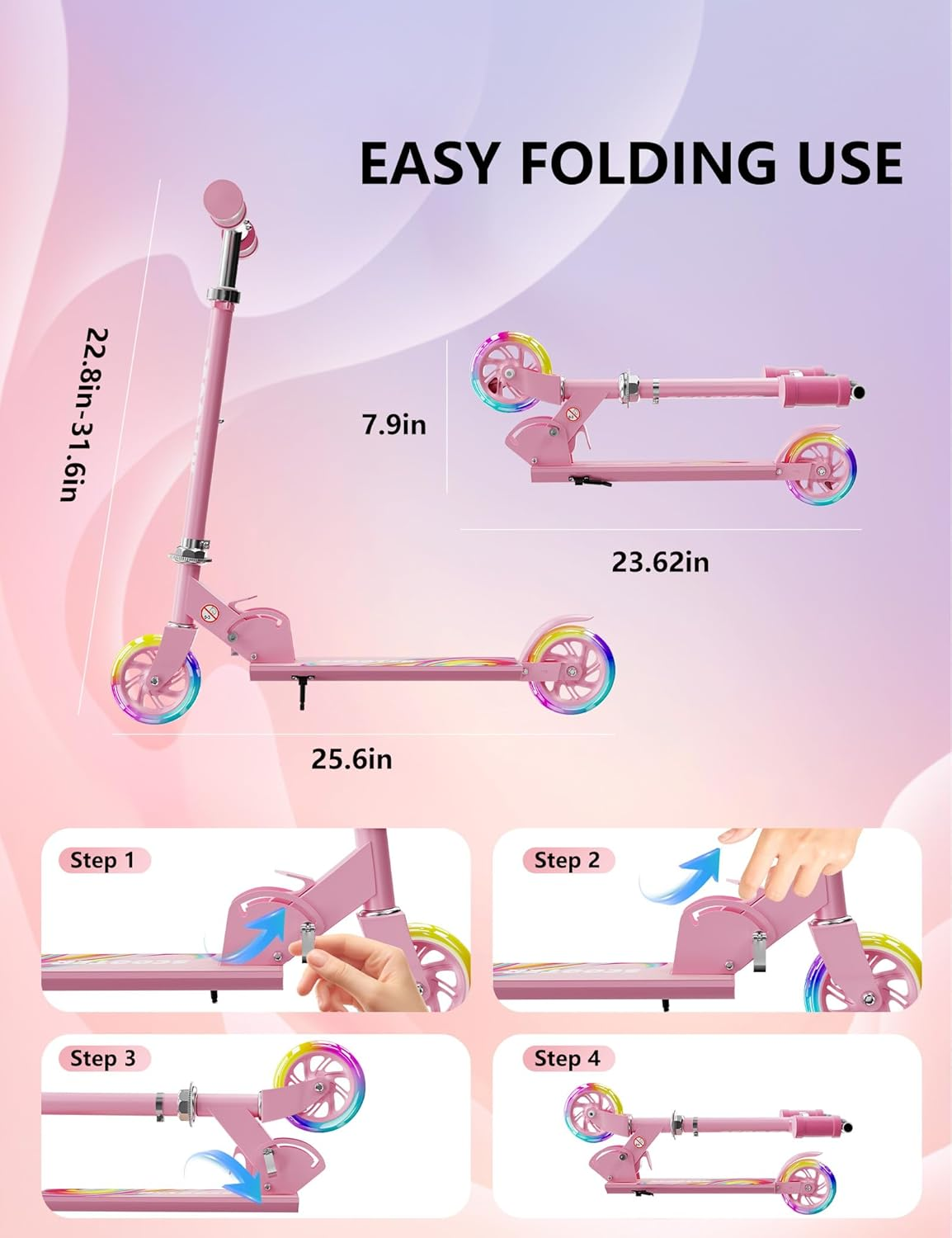 Scooter for Kids Ages 3+, 2 Wheels Kids Kick Scooter with Led Light up & 3 Levels Adjustable, Lightweight Foldable for Boys&Girls image number 4