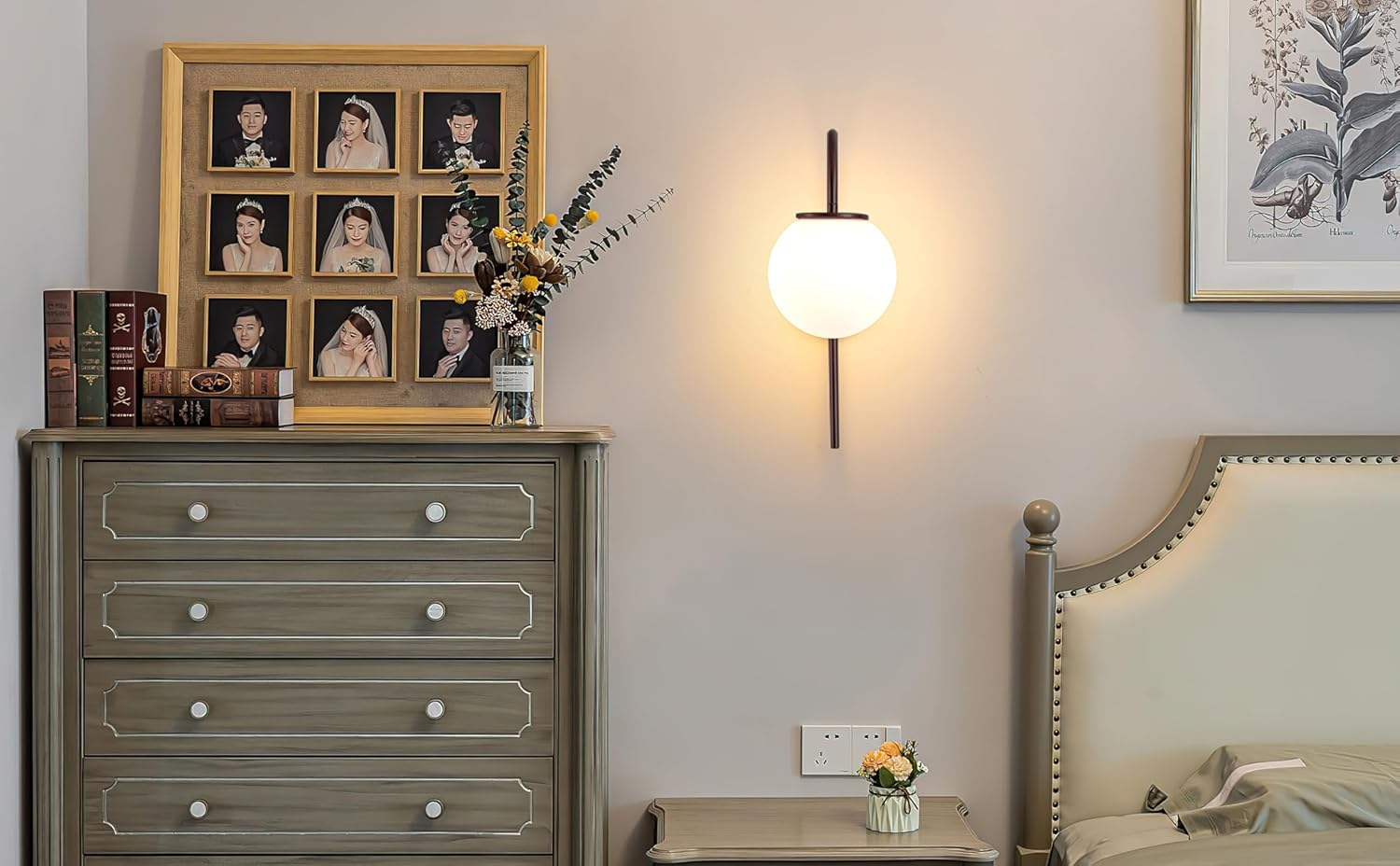 Battery Operated Wall Sconces Set of Two,White Glass round Lampshadewireless Wall Lights Fixtures with Remote Control,6 RGB Color Dimmable,(With Bulbs+Remote Control+Charging Cable) - Black image number 3