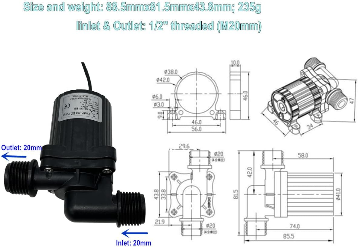 SHYSKY DC40C-2460 Micro Brushless DC Water Pump 24V 28W, 6M 900LPH, Waterproof, 1/2 Inch Threaded Ports, Safe Low Noise Stable Long-Term Work, Submersible or Land Use, for Small Cooling, Gardening image number 4
