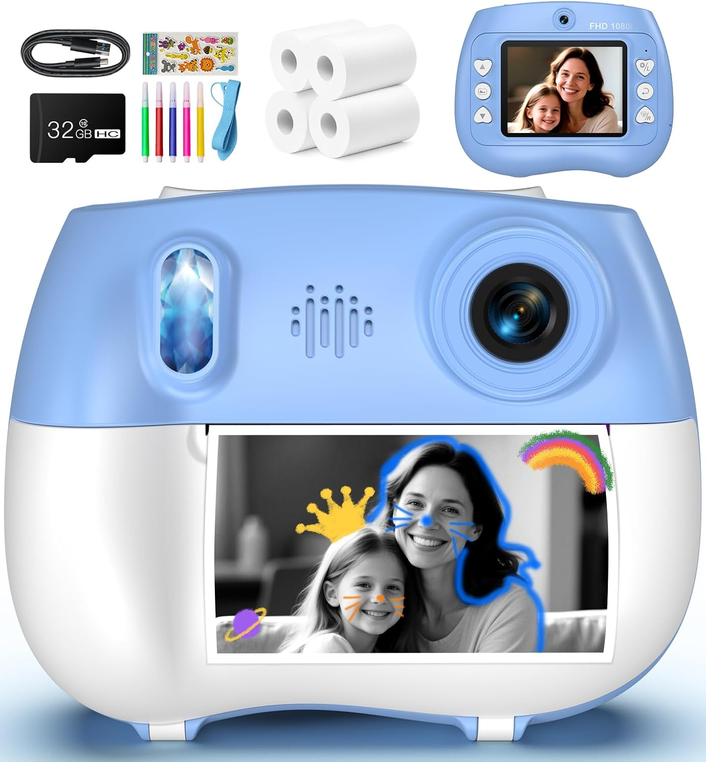 Kids Camera Instant Print - Front Rear Dual Selfie Kid Camera, Fun Girls Boys Ages 3-12, 1080P HD Digital Video Cameras, Christmas, Birthday Present for Toddler 3 4 5 6 7 8 9 10 Year Old