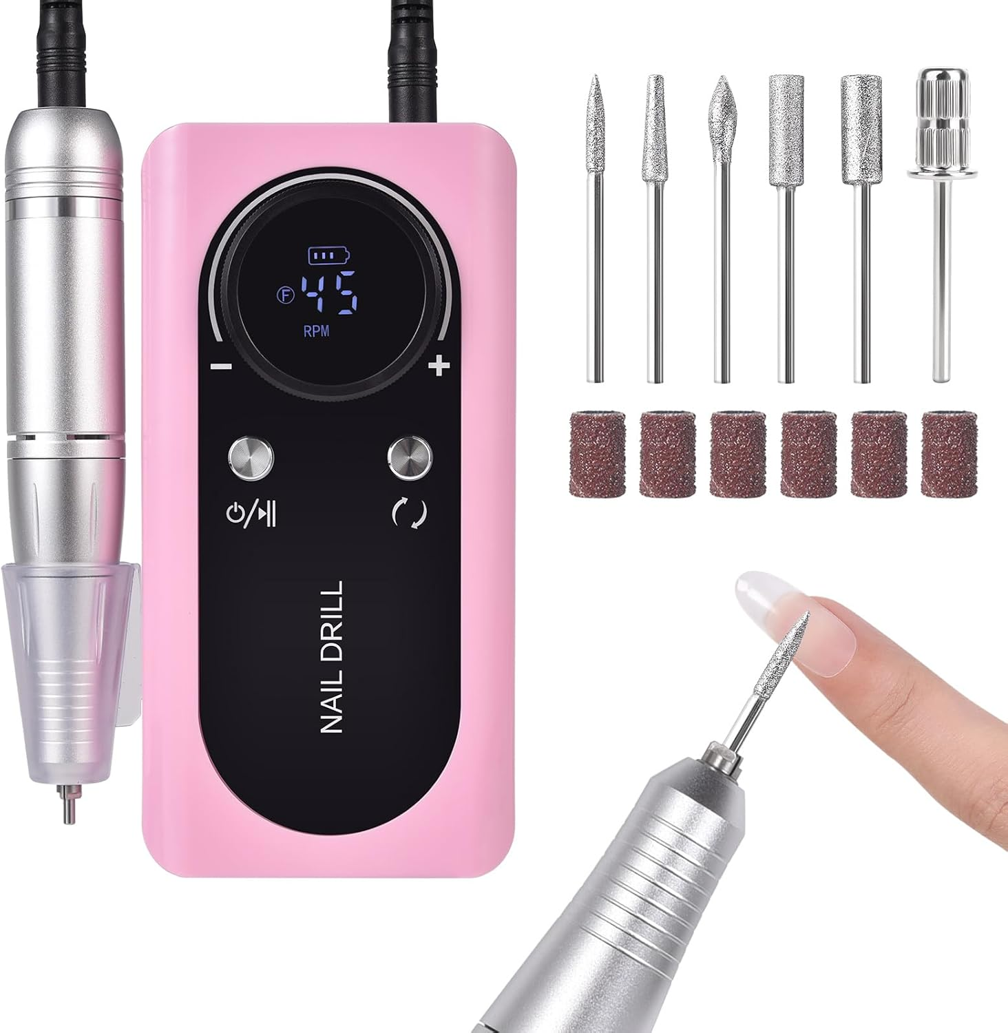 Siyuwuro Portable Nail Drill 45000 RPM Professional Cordless Rechargeable Electric Nail File for Removing Polishing Acrylic Gel Nails with 6 Drill Bits & Sanding Bands, Nail Salon Home Use (Pink)