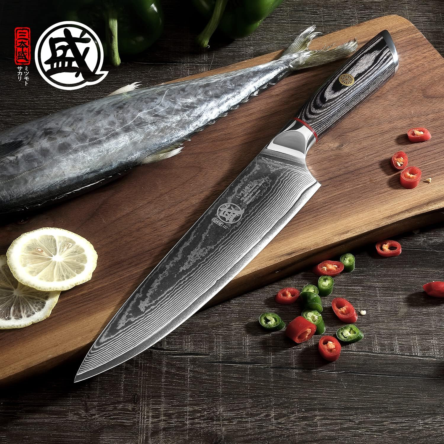 MITSUMOTO SAKARI 20 Cm Japanese Gyuto Chef Knife, AUS-10 Premium Damascus Steel Kitchen Cooking Knife, Professional Hand Forged Meat Sushi Knife (Pakkawood Handle & Gift Box)