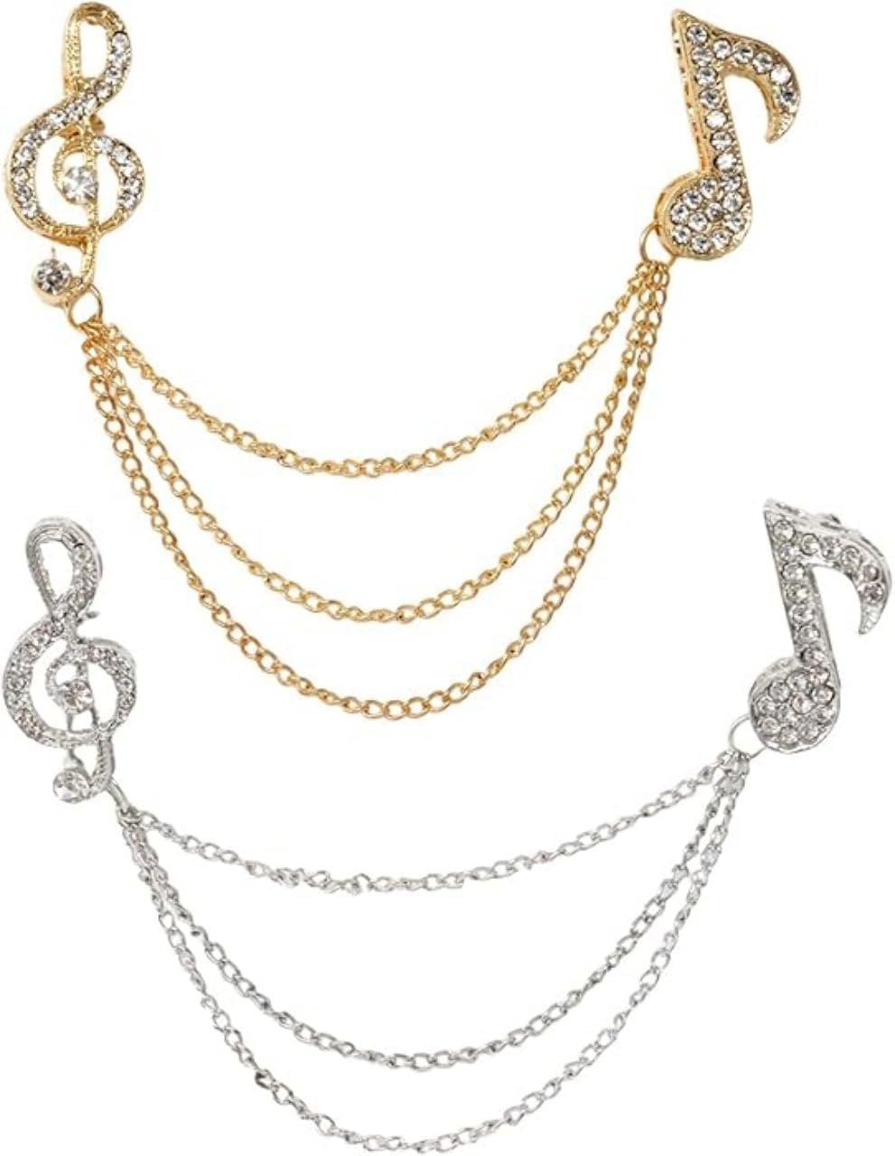 2 Pcs Elegant Music Notes Brooch Pins Jewelry Alloy Crystal Rhinestone Breastpin Lapel Pin for Men and Women Clothes Collar Dress Scarf Decoration Gift，Gold and Silver image number 6