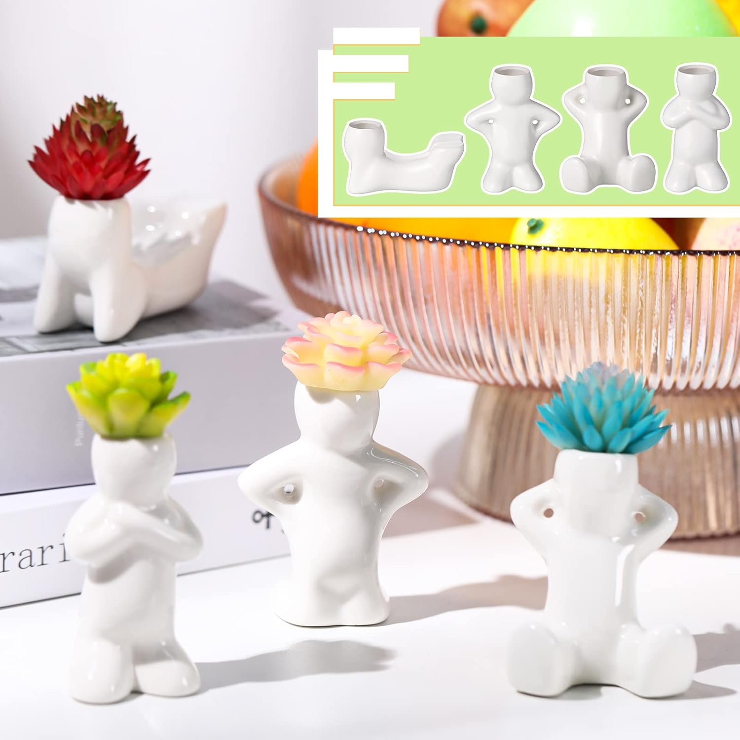 Potchen 4 Pieces Ceramic Air Planters Holder People Head White Cute Table Top Display Planters for Air Plants Lovers DIY Decoration Home Office Holiday (Twin Style) image number 5