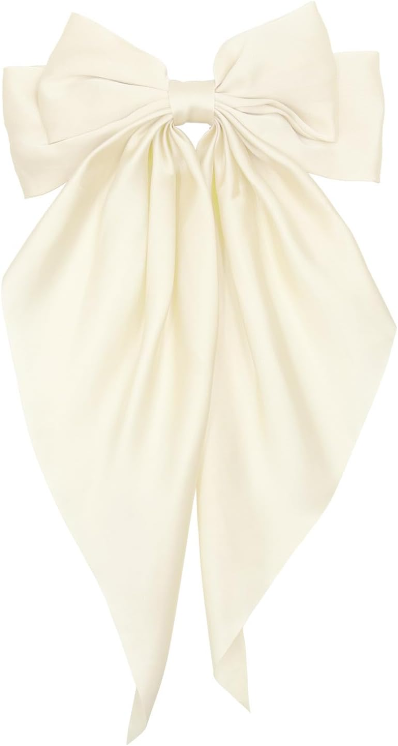 Large Hair Bows Clips for Women, Sapphire Blue Silky Satin Hair Bow Hair Clips Long Tail Vintage French Hair Ribbon Hair Barrettes for Girls (Black)