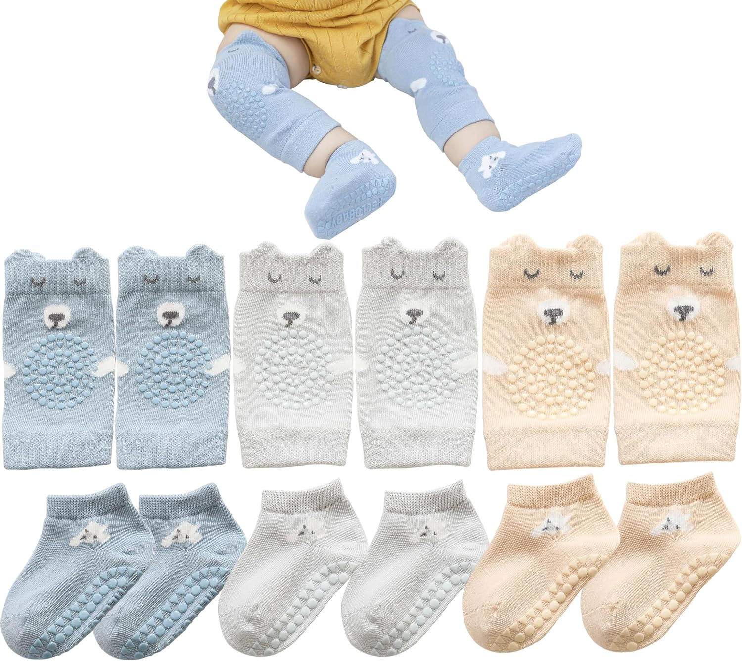 QXQTER Toddler Baby Knee Pads and Socks for Crawling for Infant Boys Girls with Grips Anti-Slip Knee Protector - 6 Pairs