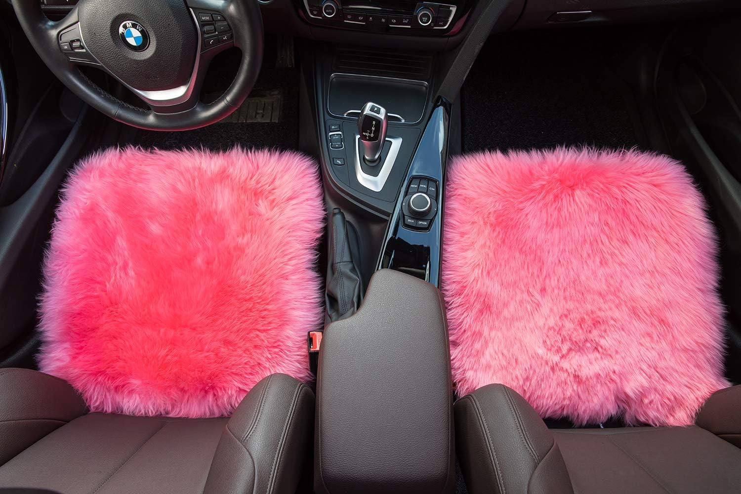 Winter Warmth: Universal Sheepskin Seat Cushion Cover - Natural Wool, for Cars, Trucks, Suvs & Vans - Cozy & Stylish Driving Companion Front Pink image number 6