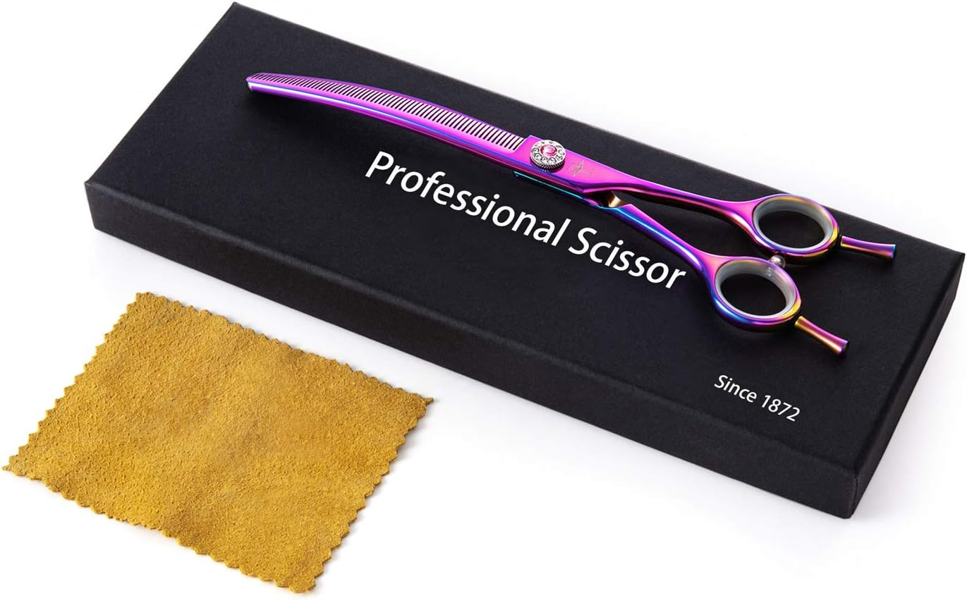 PURPLEBIRD 7 Inch Downward Curved Dog Grooming Scissors Thinning Texturizing Shears Professional Safety Blunt Tip Trimming Shearing for Dogs Cats Face Paws Limbs Japanese Stainless Steel Purple image number 6