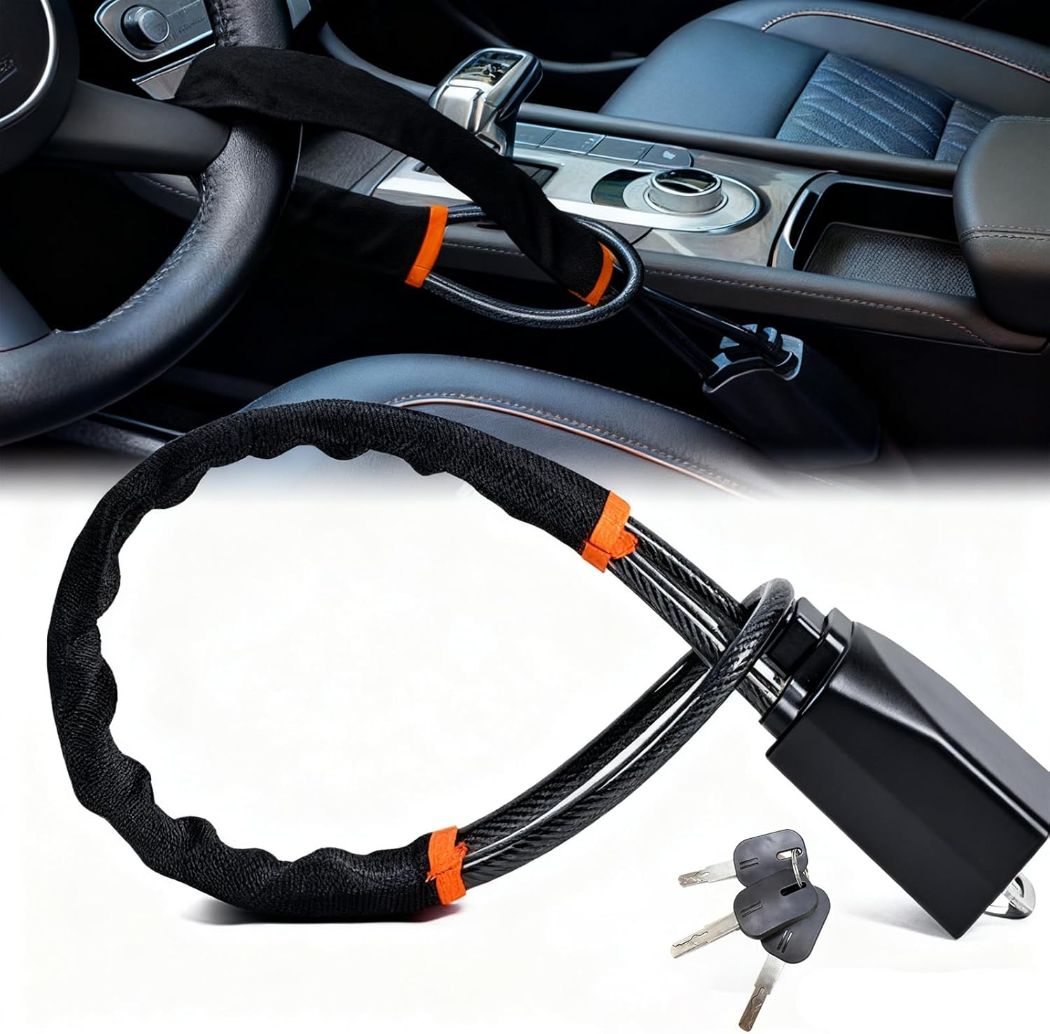 Car Steering Wheel Lock & Seat Belt Lock - Max 17&rdquo; Length, Universal Anti-Theft for Cars, Suvs, Golf Carts | Compact, Lightweight & Multi-Functional Security Device with 3 Keys (Black)