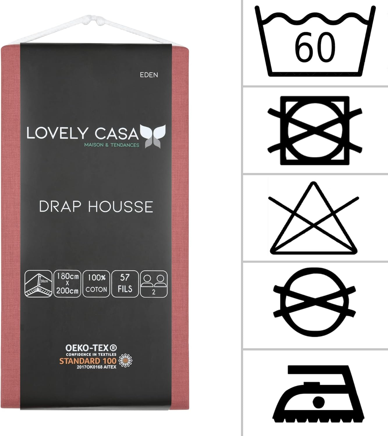 Lovely Casa - Fitted Sheet - Size 180 X 200 Cm - Large 30 Cm - 100% Oeko-Tex Certified Cotton - Colour Grenache - Model Eden - Bed Linen for Home - Soft and Comfortable for a Cosy Nest