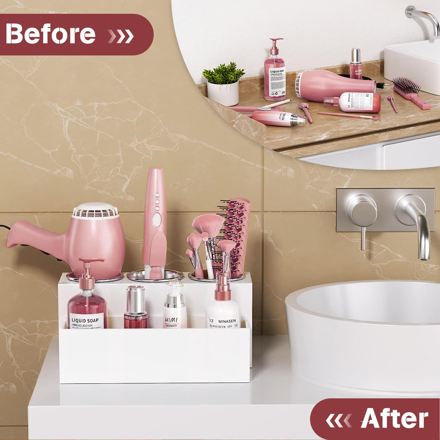 Hair Tool Organizer Acrylic Hair Dryer Bathroom Countertop Blow Dryer Holder Bathroom Trays Holders Organizers Vanity Caddy Storage for Makeup Toiletries White image number 4