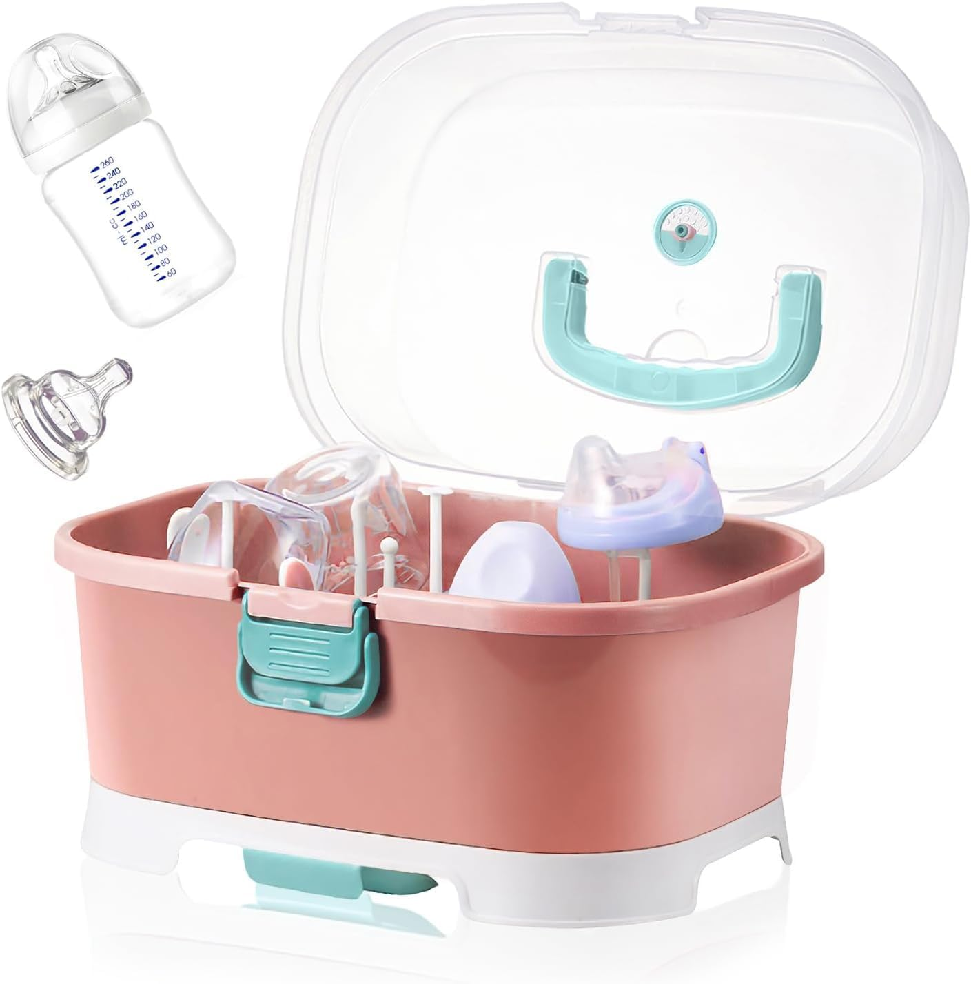 Baby Bottle Holder, Portable Large Capacity Toddler Bottles Storage Box with Lid Cover Anti-Dust Protection and Cutlery Storage Baby Bottle Drying Rack for Baby at Home Kitchen Travel Outdoors (Pink) image number 5