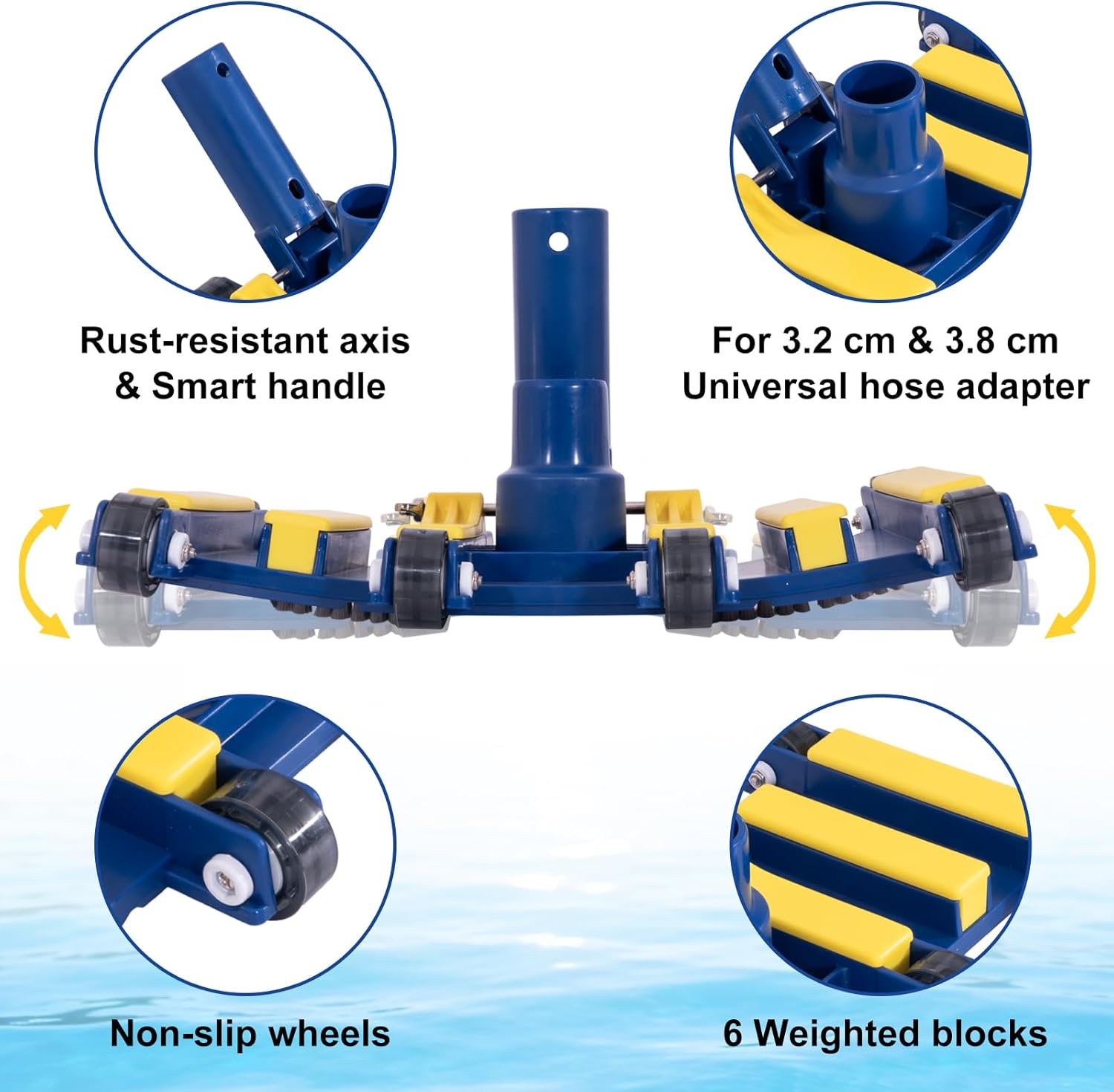 POOLAZA 35Cm Pool Vacuum Head &ndash; Weighted Pool Vacuum Head with Bottom Brushes & 6 Weights, Flexible Design with Swivel Hose Connection and Wheels, for Inground & above Ground Pools image number 6