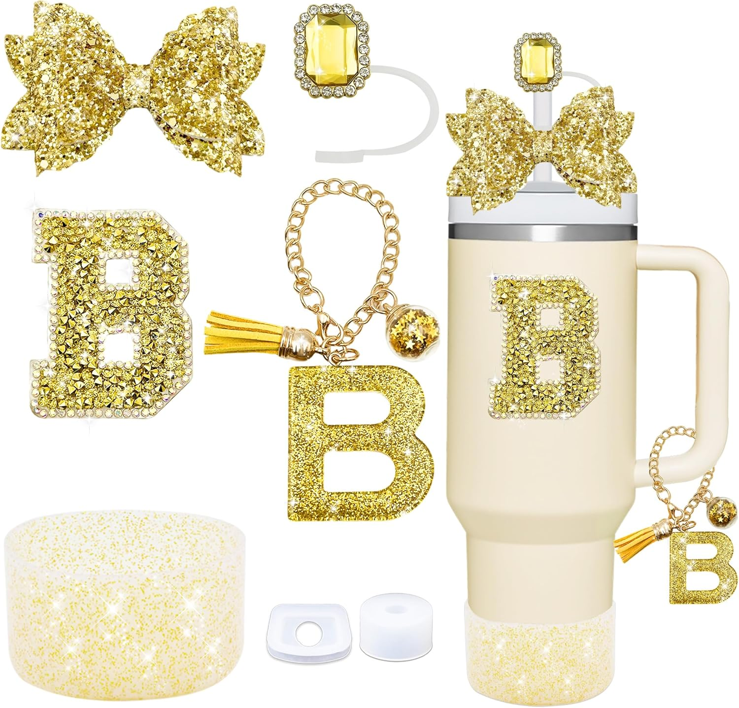 7PCS Bling Stanley Cup Accessories for 30Oz & 40Oz Tumbler with Handle,Including Initials Charms,Straw Bow Decorate,Straw Topper Cover,Boot,Spill Proof Stoppers,Initials Sticker (Gold E)
