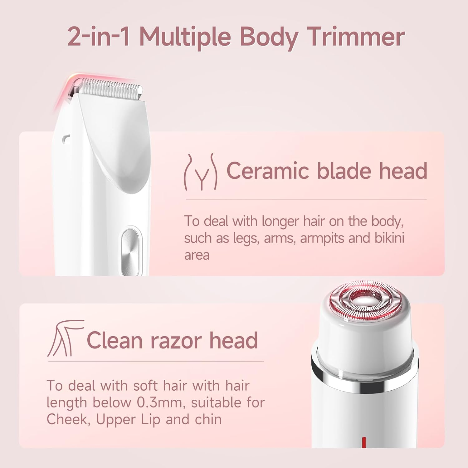 Bikini Trimmer for Women Electric Razors for Women, Double Head Dual Purpose, IPX7 Waterproof Hair Razor, Ceramic Blade Hair Trimmer Wet & Dry Use, Painless Electric Shaver for Facial and Body (White) image number 2