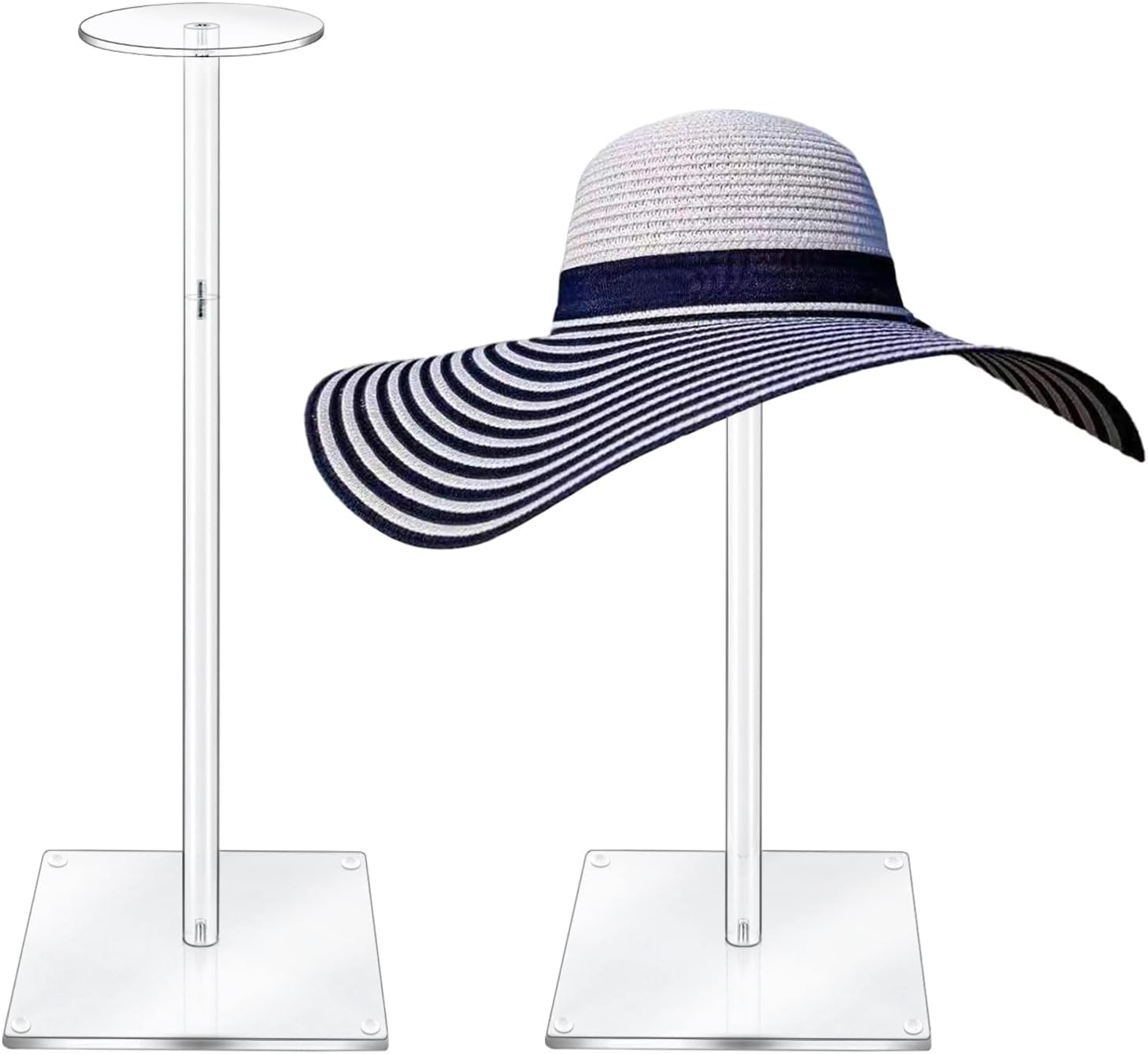 Acrylic Hat Stand and Wig Display Rack, 2Pcs 17" Clear Hat Stands for Display, Adjustable Height Hat Holder, Square Barbell Base Display, Hat Rack Stand for Display Jewelry Watch Helmets image number 3