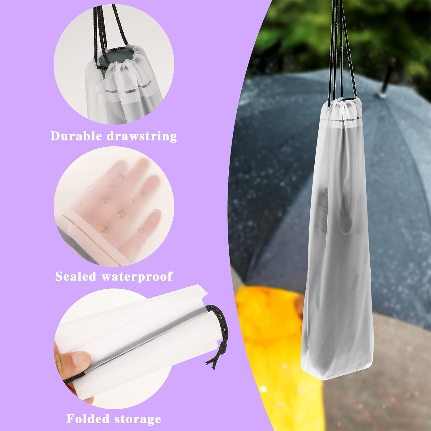 Mozeat Lens 6 Pcs Umbrella Bags Wet Umbrella Cases Clear Umbrella Cover Wet Umbrella Bags Folding Umbrella Storage Bag Waterproof Travel Umbrellas Sleeves with Drawstring image number 2