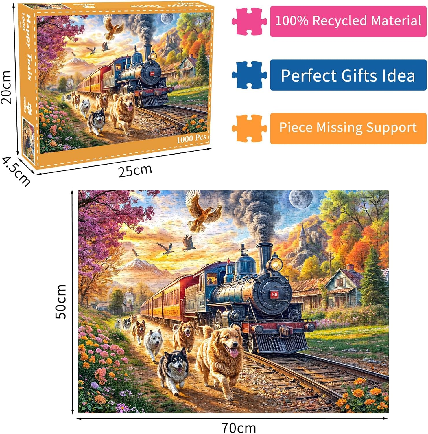 Jigsaw Puzzles for Adults 1000 Pieces, Interlock Perfectly Letter on Back No Dust, Home Decor Birthday Gift Toy for Men Women Elders Seniors, 1:1 Poster - Happy Train image number 4