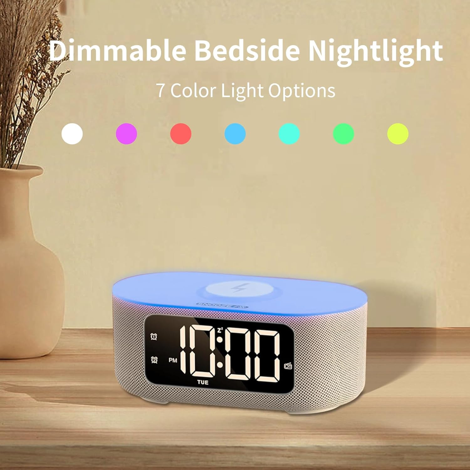 Sound Machine Alarm Clock for Bedroom, 15W Fast Wireless Charger, Digital Clock with FM Radio, Nightlight, Snooze, Dimmer, Bluetooth Stereo Speaker, White Noise Machine for Sleeping with 25 Sounds image number 4