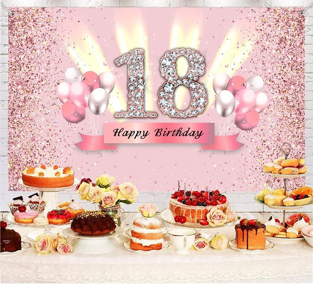 18Th Birthday Decorations for Girls 18 Years Old Anniversary Party Fabric Sign Poster Pink Photo Background 18Th Birthday Party Supplies, 59"X35.4" image number 5