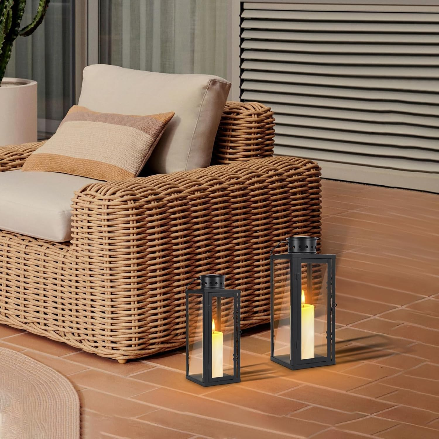 Black Metal Lantern Decorative Set, Modern Farmhouse Lantern Decor with Hurricane Glass, Set of 2 13.8" & 9.5" Vintage Hanging Tower Lantern Metal Candle Holder (13.5 * 13.5 * 35CM+10 * 10 * 24CM) image number 5