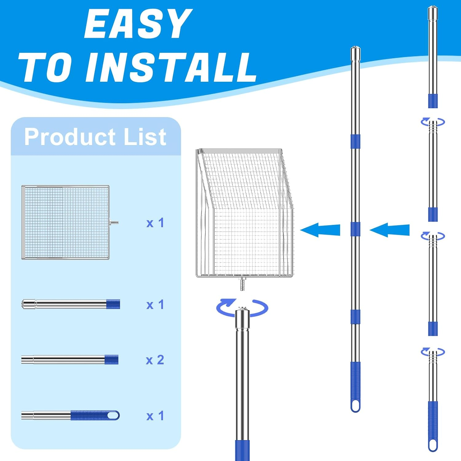 Stainless Steel Chicken Poop Scooper with 4-In-1 Adjustable Handle (20" to 49") &ndash; 304 Stainless Steel Shovel Head for Chicken Coop Cleaning, Pet Waste Removal, and Multifunctional Litter Sifting image number 1