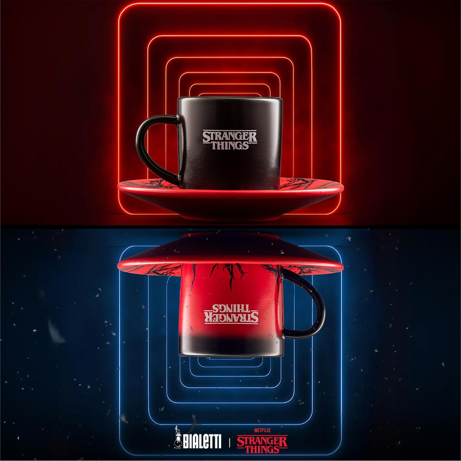 Bialetti Stranger Things Espresso Cups with Saucers - Thermosensitive Colour-Changing Design - Heat-Activated Colour Transformation - Not Dishwasher Safe - 80 Ml Capacity Each, Black (Set of 2) image number 4