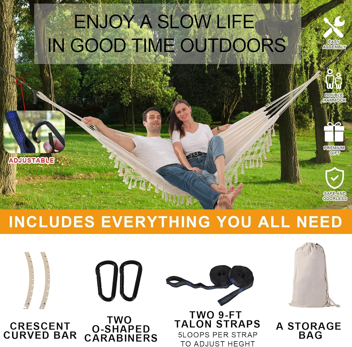 Hammock Boho Hammock Deluxe Double Hammocks Hamacas Para Patio 2 Person Portable Hammock with Carry Bag Perfect for Camping Patio, Porch, Bedroom, Yard, Beach, Indoor, Outdoor (Beige) - Black image number 7