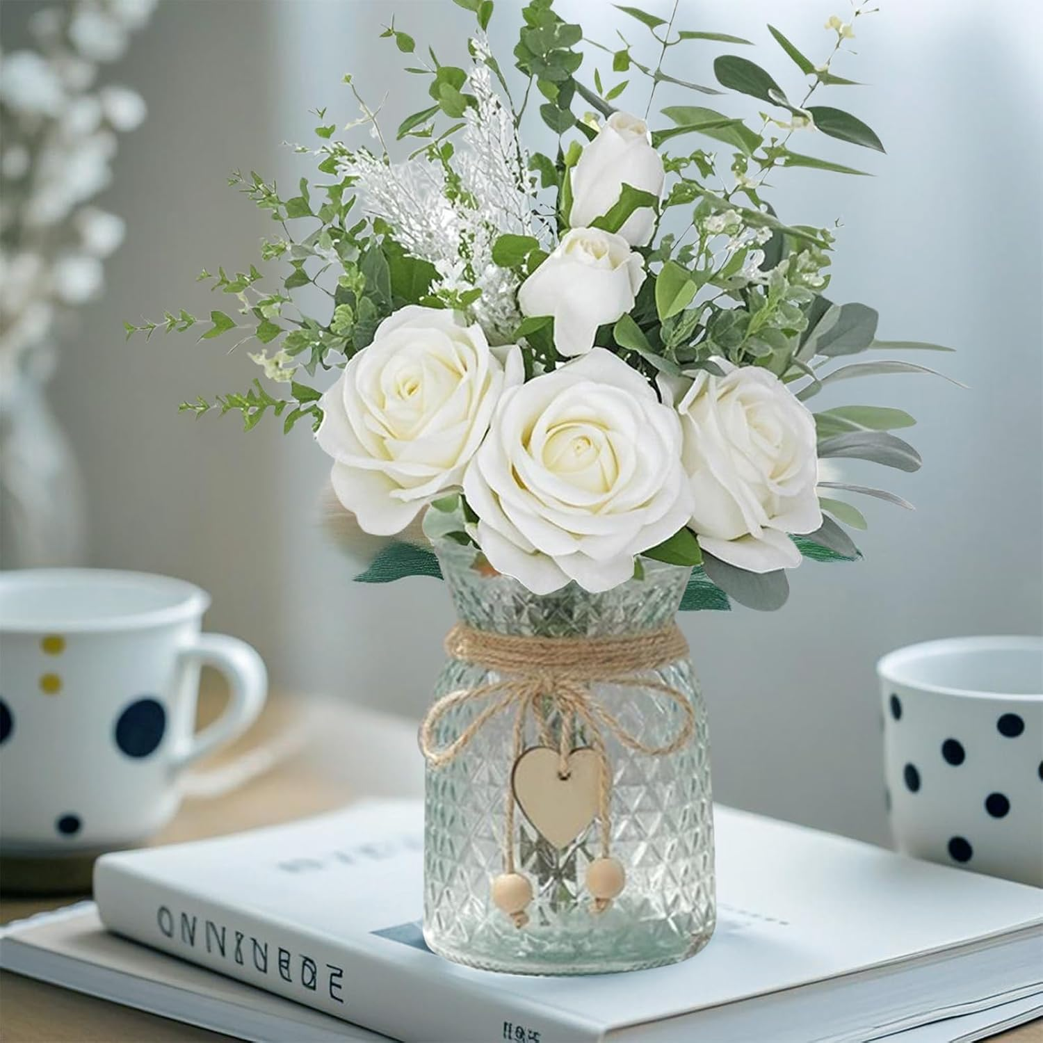 Clear Glass Flower Vase Small Flower Vases Home Decor Vintage Embossed Design for Home Office Farmhouse Bathroom Dining Table Centerpiece Decorations Coffee Table Decor Boho Decor (White)