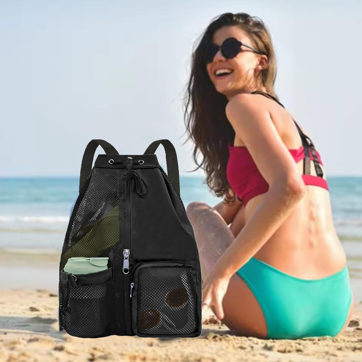 Roczential Mesh Drawstring Backpack - Lightweight Waterproof Beach and Pool Bag, Breathable Design, Large Capacity Swim Backpack for Kids and Adults, Ideal for Gym Trips and Summer Camps image number 6