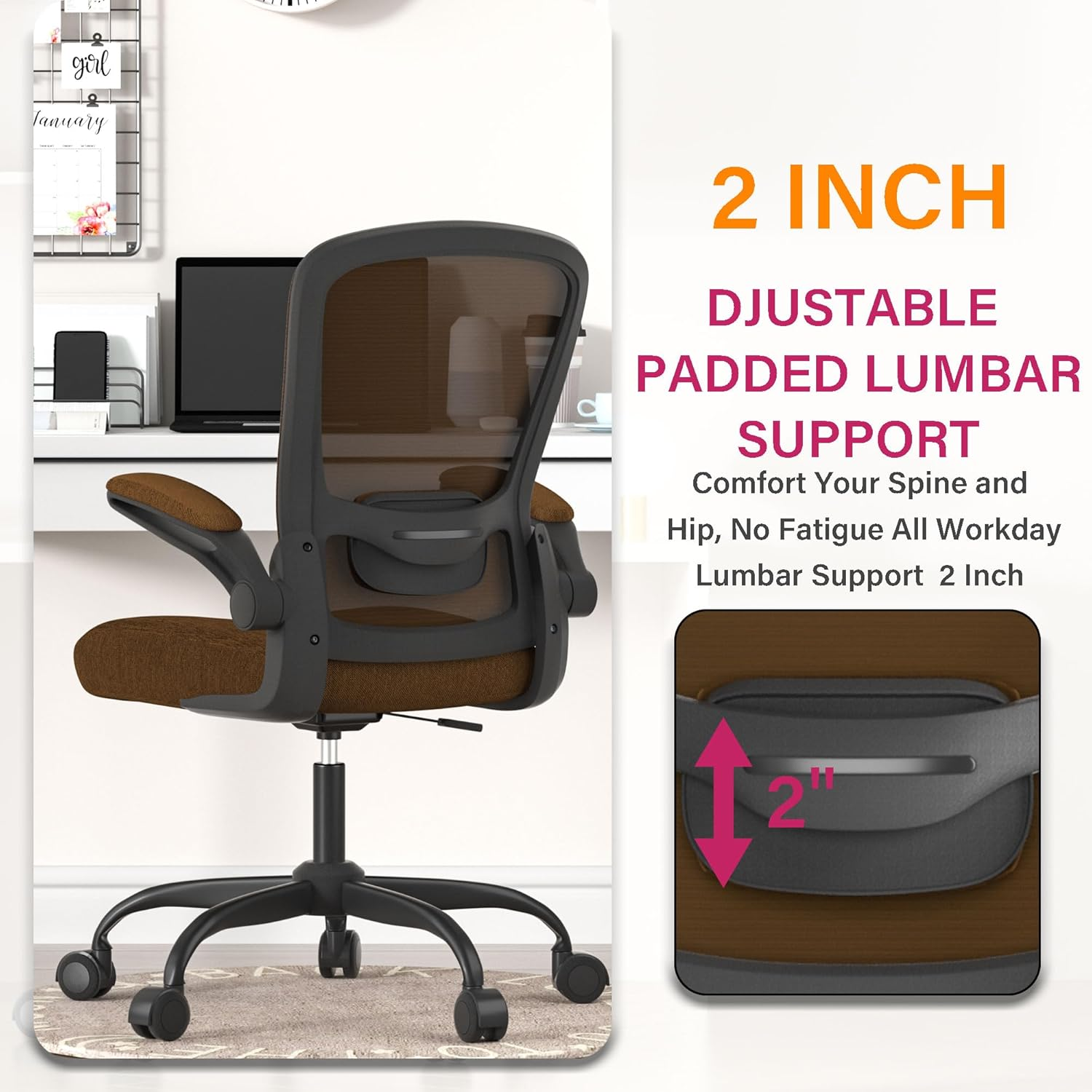 Office Chair, Ergonomic Desk Chair with Adjustable Lumbar Support, High Back Mesh Computer Chair with Flip-Up Armrests-Bifma Passed Task Chairs (Modern, Caramel) - Carmine Roses image number 5