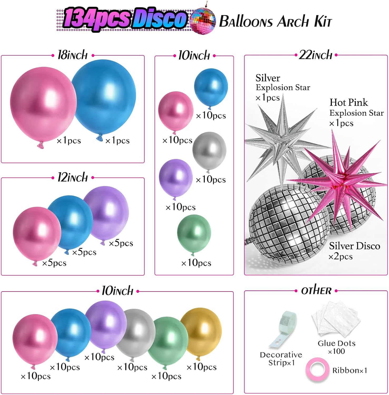 FOTIOMRG 135Pcs Disco Balloon Arch Kit with Disco Ball Balloons Silver Blue Green Purple Hot Pink Gold Metallic Balloons, Starburst Disco Foil Balloons for Birthday 70S 80S 90S Disco Party Decorations