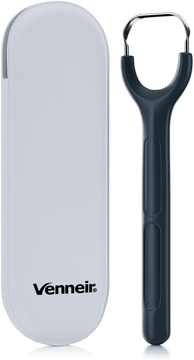 Venneir&reg; Tongue Scraper with Travel Case, Oral Glide Pro&ndash;Bad Breath Treatment, Medical-Grade Stainless Steel&ndash; for Adults & Kids. 100% Rustproof, Sleek & Effective Design (Slate White)