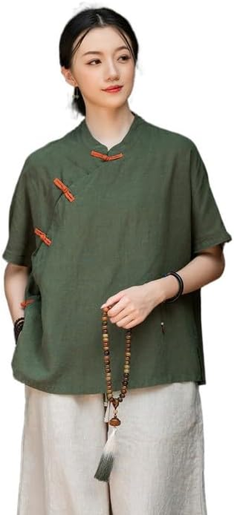 Women'S Chinese Linen Top Tang Style Half Sleeve Shirt Frog Button Blouse